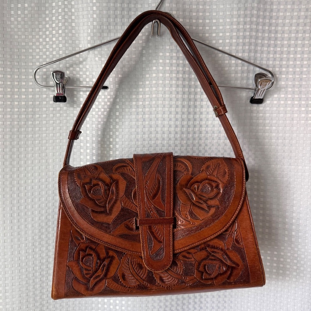 VTG Pymsa Mexico Hand Tooled Shoulder Bag Rose Floral Pattern Brown Leather Purs
